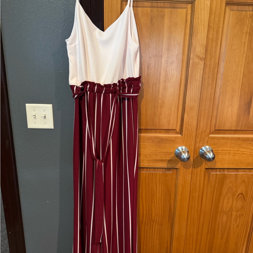 Stylish White and Burgundy Striped Jumpsuit